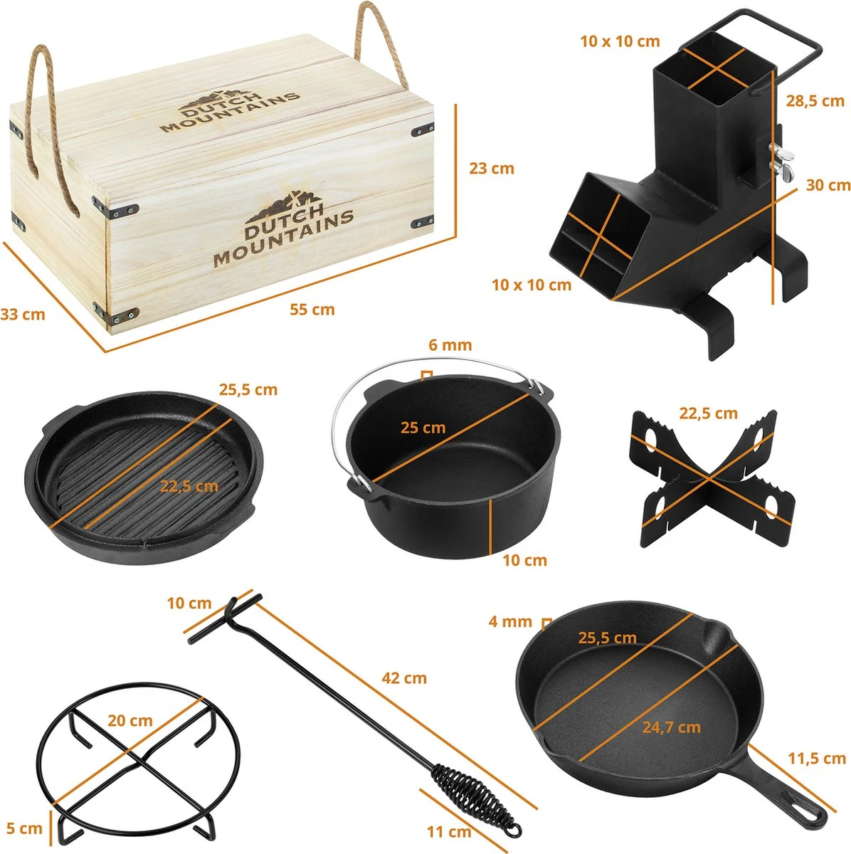 Dutch Mountains Gietijzeren Pannenset 7-delig - Dutch Oven – Braadpan - Grillpan - Hapjespan - Kookset In Houten Transportkist - Deksellifter - Brander 4 Dutch Mountains Gietijzeren Pannenset 7-delig - Dutch Oven – Braadpan - Grillpan - Hapjespan - Kookset In Houten Transportkist - Deksellifter - Brander - Image 2