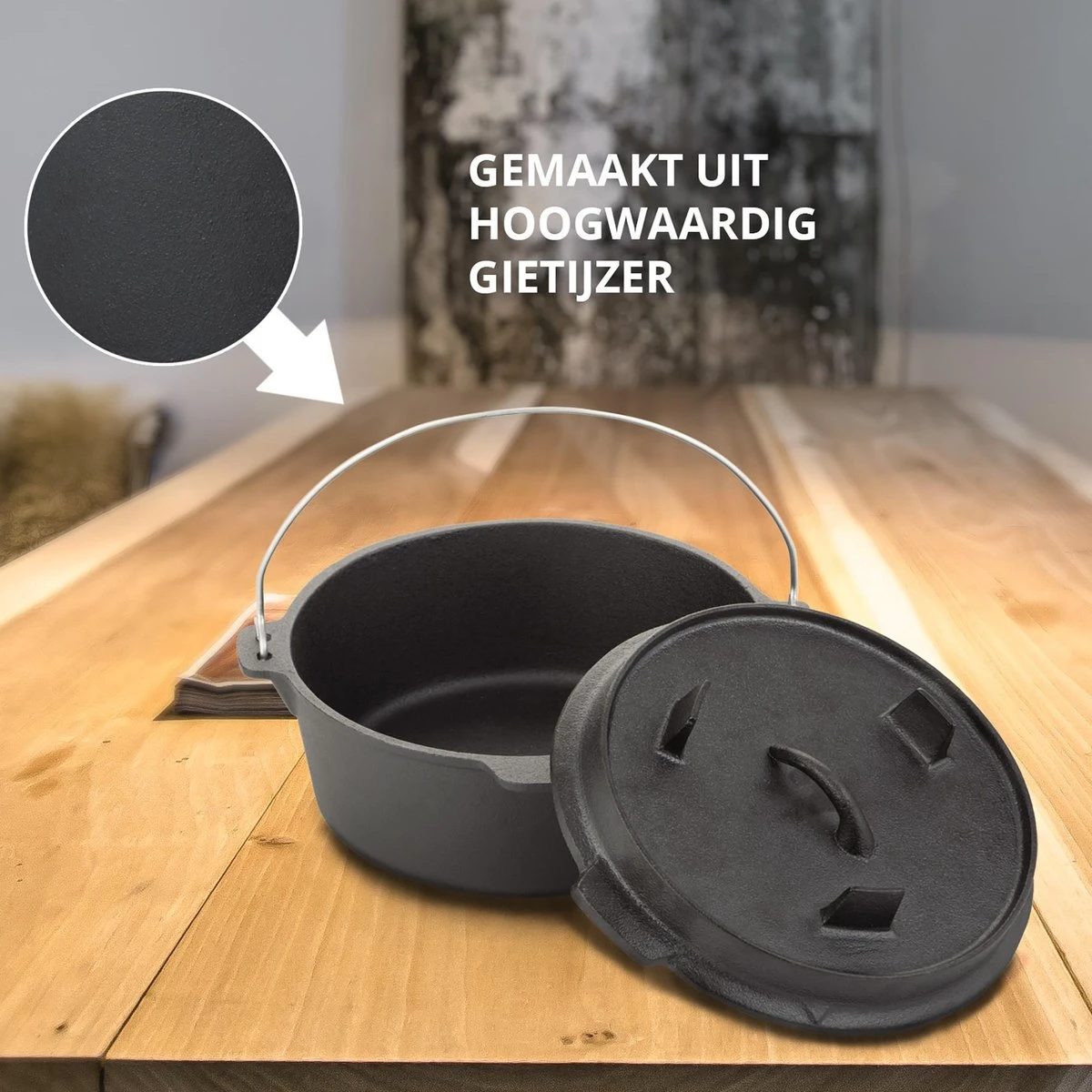 Dutch Mountains Gietijzeren Pannenset 7-delig - Dutch Oven – Braadpan - Grillpan - Hapjespan - Kookset In Houten Transportkist - Deksellifter - Brander 5 Dutch Mountains Gietijzeren Pannenset 7-delig - Dutch Oven – Braadpan - Grillpan - Hapjespan - Kookset In Houten Transportkist - Deksellifter - Brander - Image 3