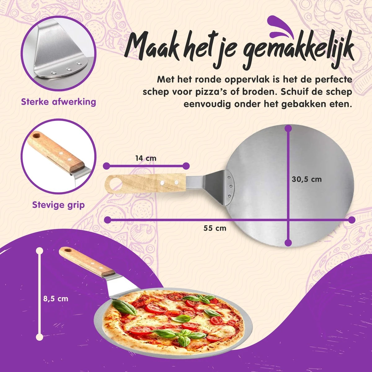 Nowad Pizzaschep RVS Rond Voor BBQ En Oven - 30,5 Cm - Pizzaspatel - Taartschep - Houten Handvat - Ophangbaar - Rond - Vaatwasbestendig - Keukenaccessoires 11 Nowad Pizzaschep RVS Rond Voor BBQ En Oven - 30,5 Cm - Pizzaspatel - Taartschep - Houten Handvat - Ophangbaar - Rond - Vaatwasbestendig - Keukenaccessoires - Image 9